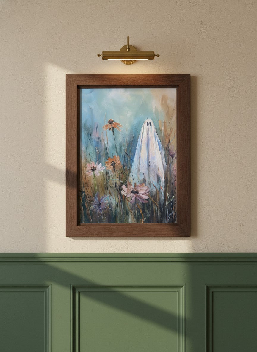 Ghost Wildflower Field Painting art print shown in a forest green walnut setting