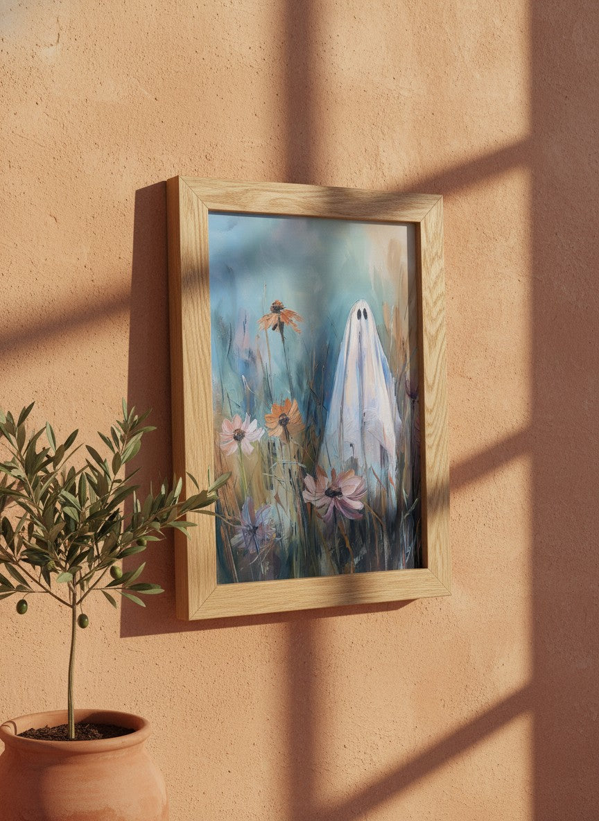 Ghost Wildflower Field Painting art print shown in a terracotta rustic setting