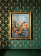 Halloween Pumpkin Wildflower Painting art print shown in a art deco geometric setting