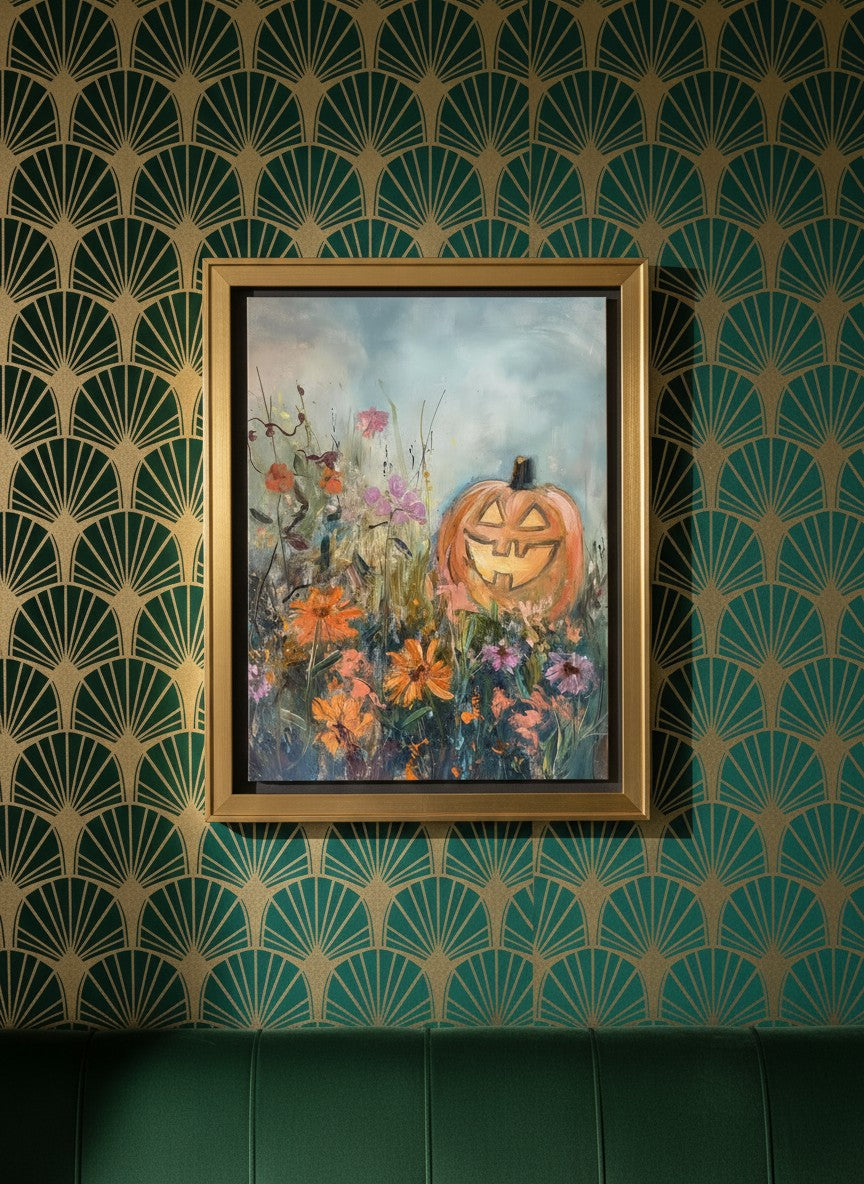 Halloween Pumpkin Wildflower Painting art print shown in a art deco geometric setting
