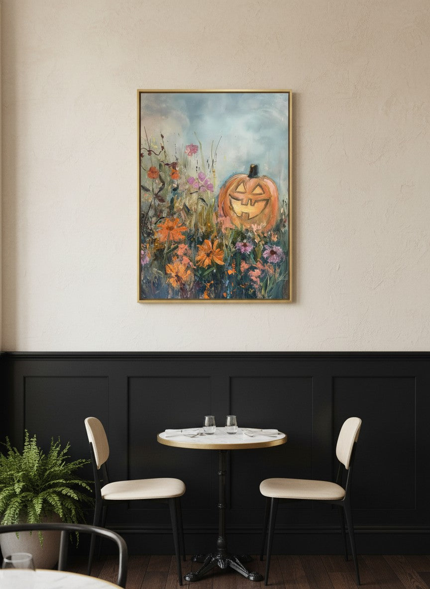 Halloween Pumpkin Wildflower Painting art print shown in a black wainscoting gold setting