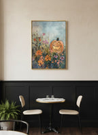 Halloween Pumpkin Wildflower Painting art print shown in a black wainscoting gold setting