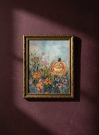 Halloween Pumpkin Wildflower Painting art print shown in a burgundy brass setting