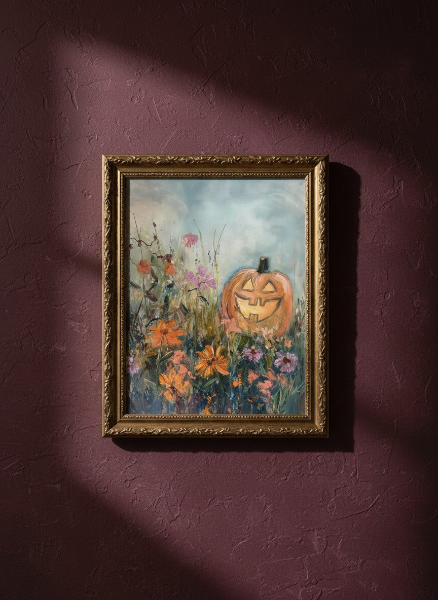 Halloween Pumpkin Wildflower Painting art print shown in a burgundy brass setting