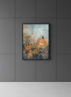 Halloween Pumpkin Wildflower Painting art print shown in a charcoal minimal black setting