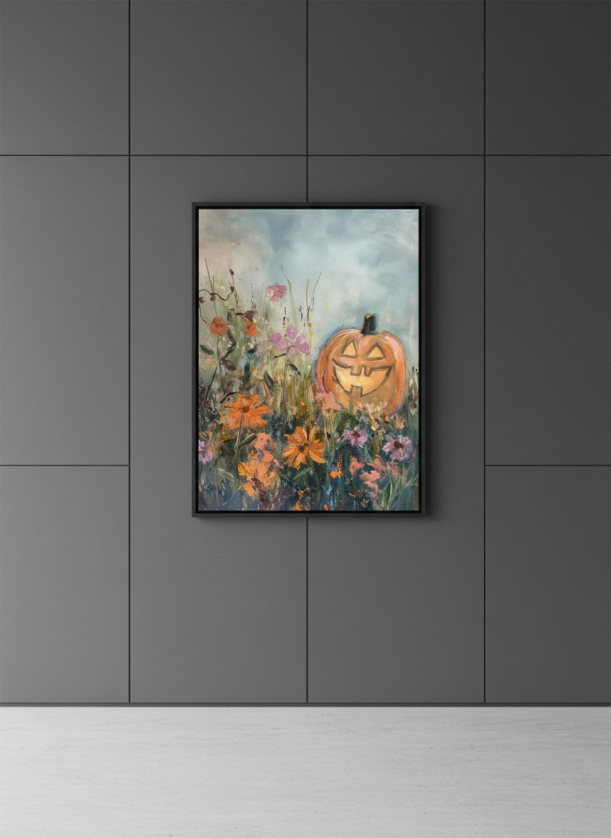 Halloween Pumpkin Wildflower Painting art print shown in a charcoal minimal black setting