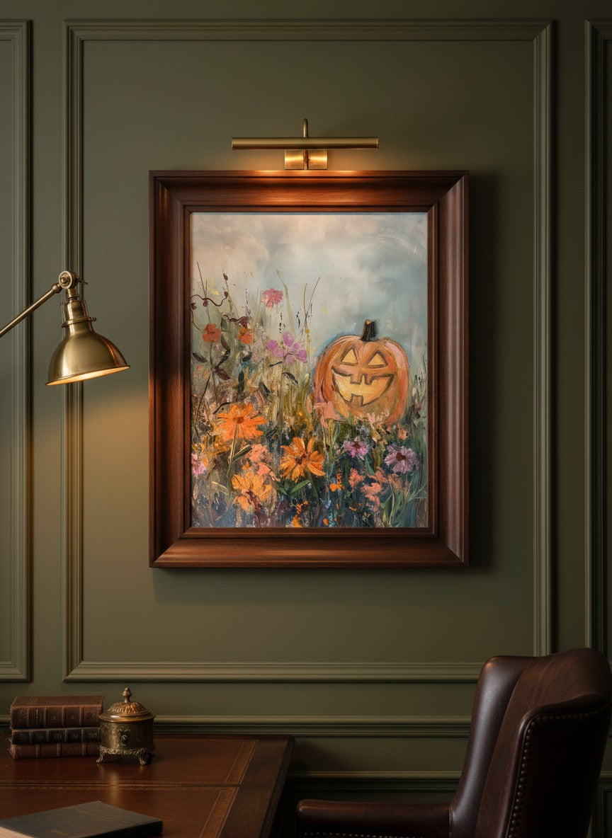 Halloween Pumpkin Wildflower Painting art print shown in a dark olive study setting