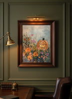 Halloween Pumpkin Wildflower Painting art print shown in a dark olive study setting
