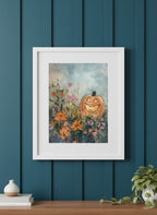 Halloween Pumpkin Wildflower Painting art print shown in a deep teal modern setting
