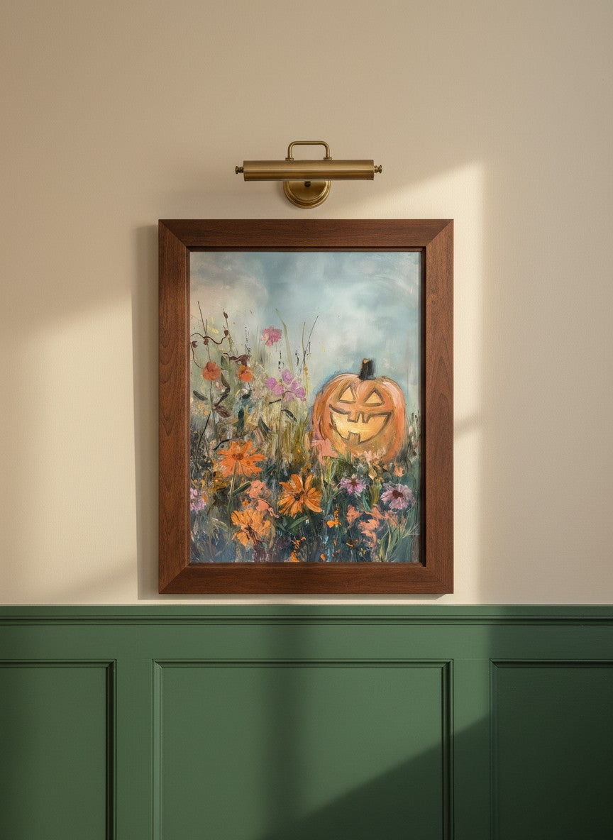 Halloween Pumpkin Wildflower Painting art print shown in a forest green walnut setting