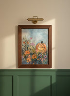 Halloween Pumpkin Wildflower Painting art print shown in a forest green walnut setting