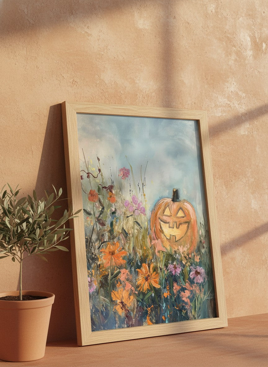 Halloween Pumpkin Wildflower Painting art print shown in a terracotta rustic setting
