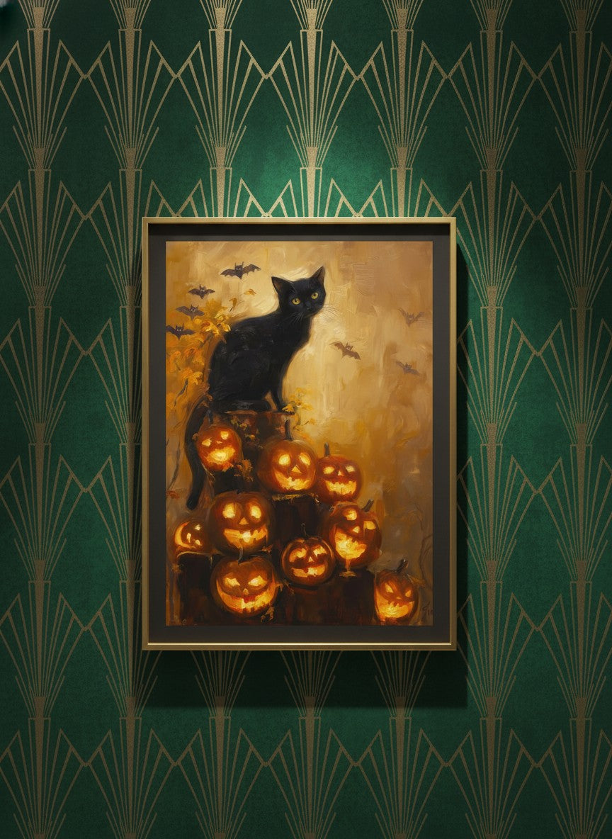 Black Cat Halloween Pumpkin Art art print shown in a art deco geometric setting