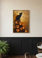 Black Cat Halloween Pumpkin Art art print shown in a black wainscoting gold setting