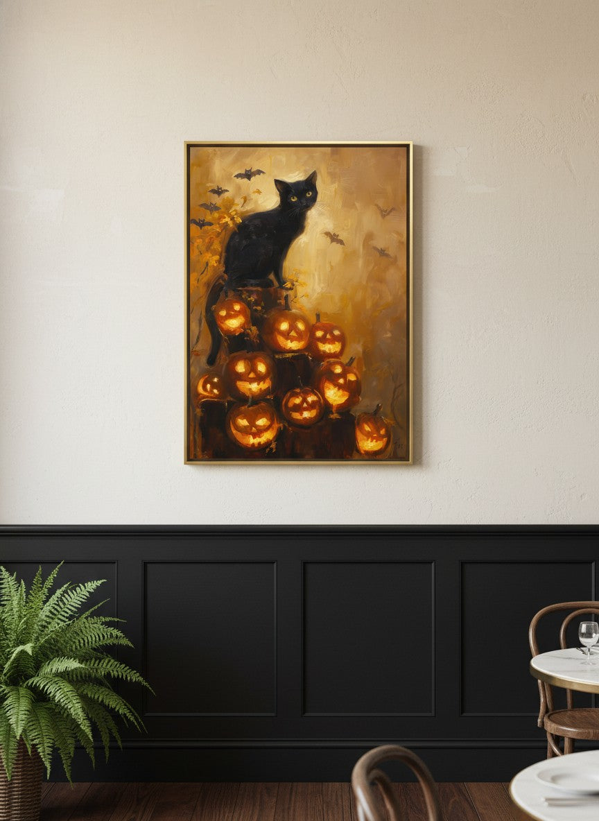 Black Cat Halloween Pumpkin Art art print shown in a black wainscoting gold setting
