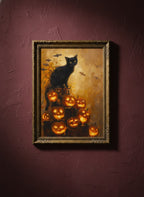 Black Cat Halloween Pumpkin Art art print shown in a burgundy brass setting