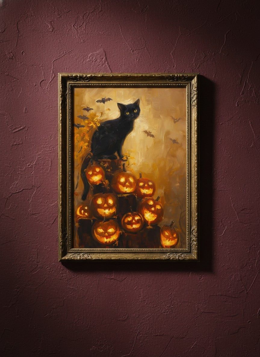 Black Cat Halloween Pumpkin Art art print shown in a burgundy brass setting
