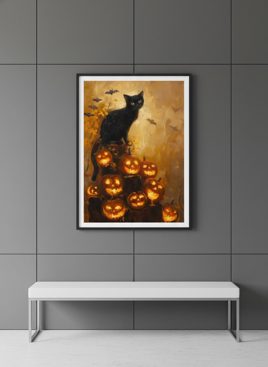 Black Cat Halloween Pumpkin Art art print shown in a charcoal minimal black setting