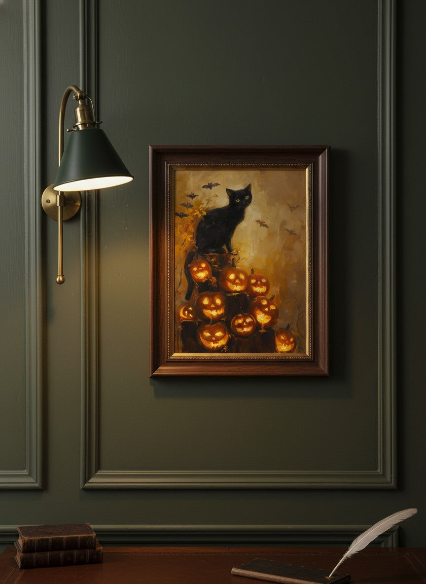 Black Cat Halloween Pumpkin Art art print shown in a dark olive study setting
