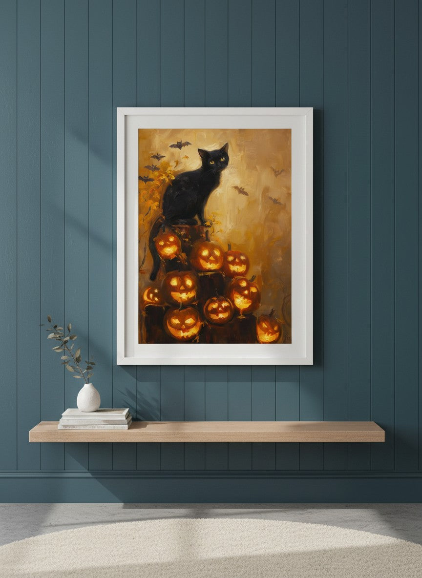 Black Cat Halloween Pumpkin Art art print shown in a deep teal modern setting