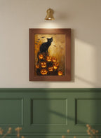 Black Cat Halloween Pumpkin Art art print shown in a forest green walnut setting