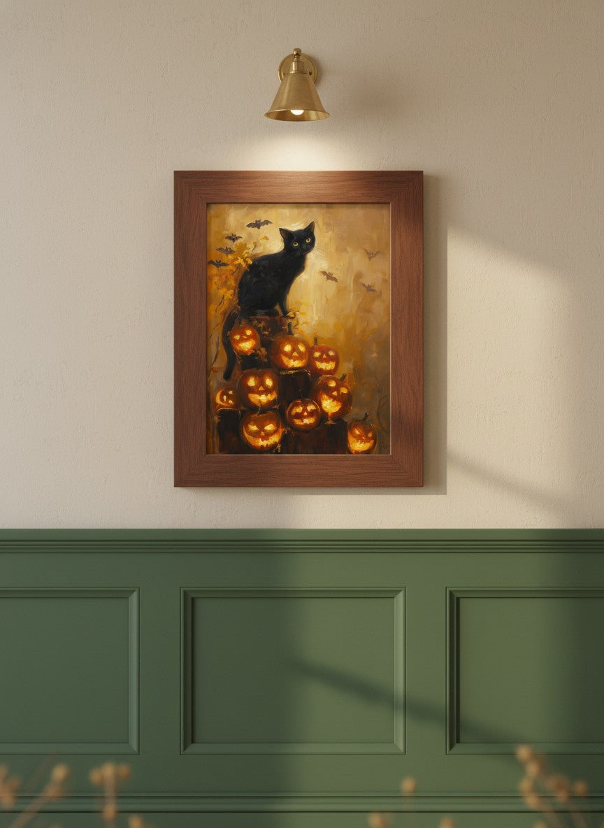 Black Cat Halloween Pumpkin Art art print shown in a forest green walnut setting