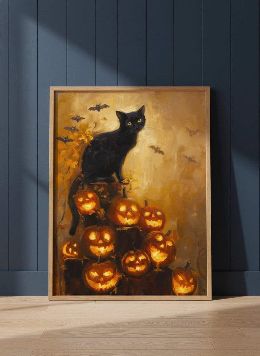 Black Cat Halloween Pumpkin Art art print