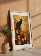 Black Cat Halloween Pumpkin Art art print shown in a terracotta rustic setting
