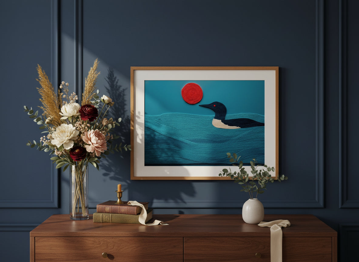 Minimalist Loon Bird Wall Art art print shown in a dresser dried florals setting