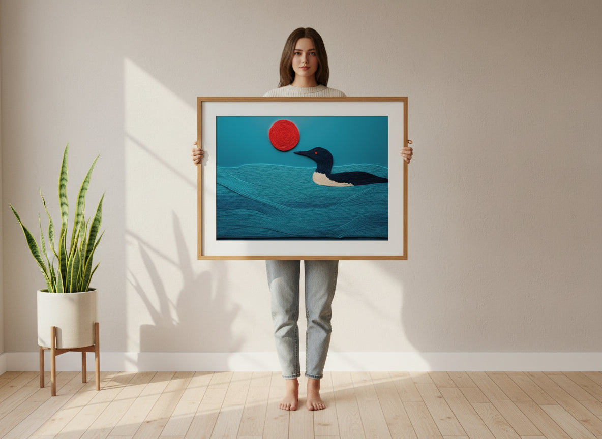Minimalist Loon Bird Wall Art art print shown in a person holding bright setting