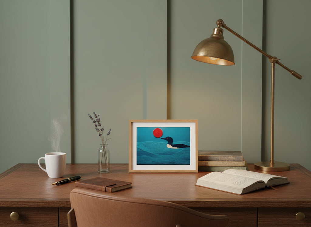 Minimalist Loon Bird Wall Art art print shown in a small desk oak setting