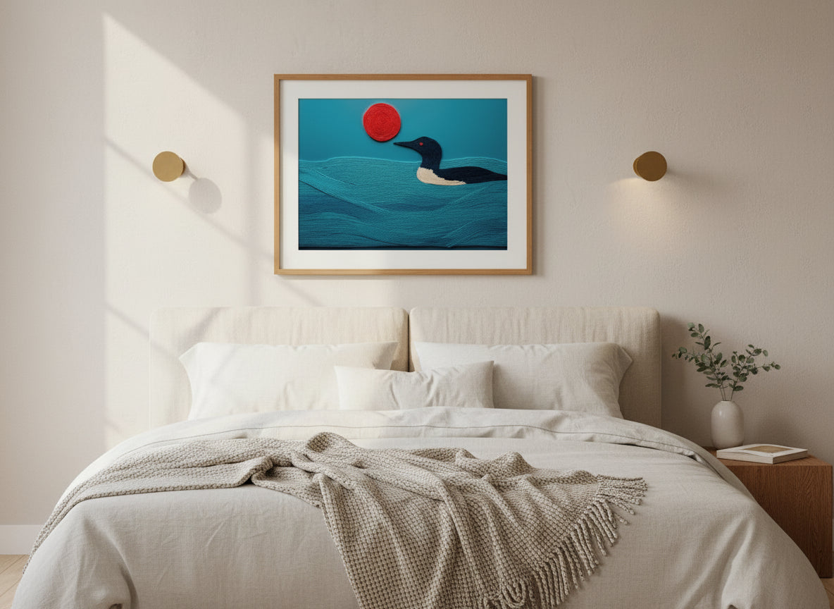 Minimalist Loon Bird Wall Art art print shown in a wide above bed brushed brass setting
