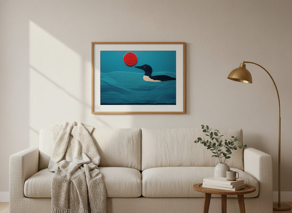 Minimalist Loon Bird Wall Art art print shown in a wide above couch oak setting