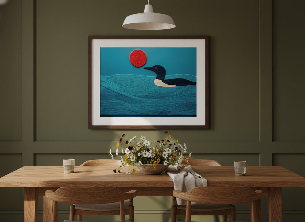 Minimalist Loon Bird Wall Art art print shown in a wide dining statement olive setting