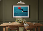Minimalist Loon Bird Wall Art art print shown in a wide dining statement olive setting