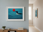 Minimalist Loon Bird Wall Art art print shown in a wide hallway gallery coastal setting