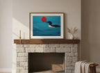Minimalist Loon Bird Wall Art art print shown in a wide mantel single brass setting