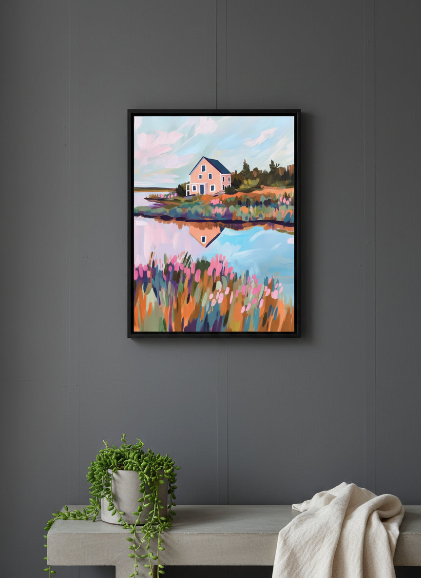 Colorful Lakeside Cottage Painting art print shown in a charcoal minimal black setting