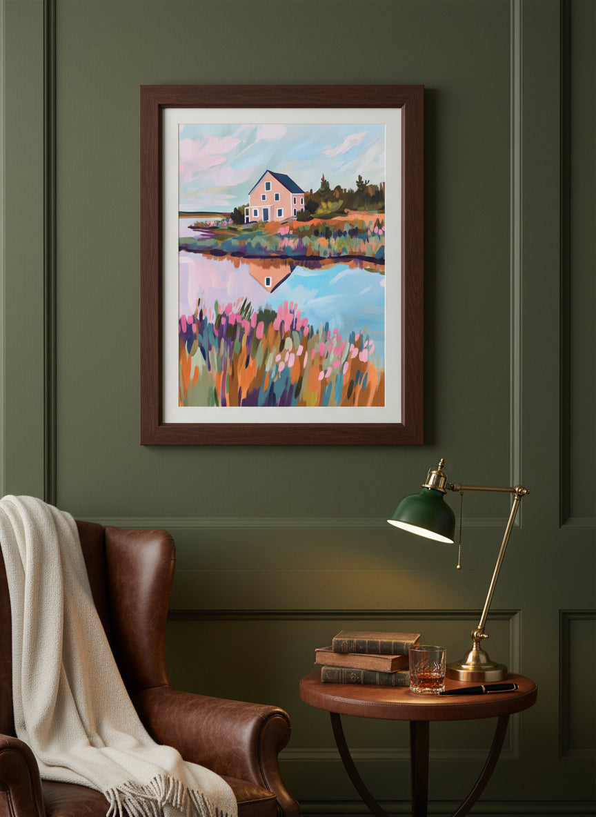Colorful Lakeside Cottage Painting art print shown in a dark olive study setting