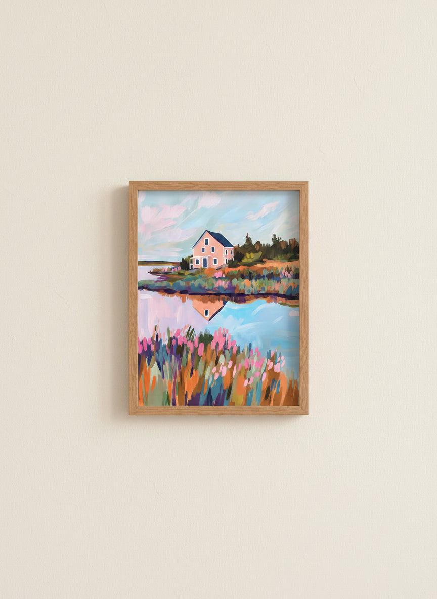 Colorful Lakeside Cottage Painting art print