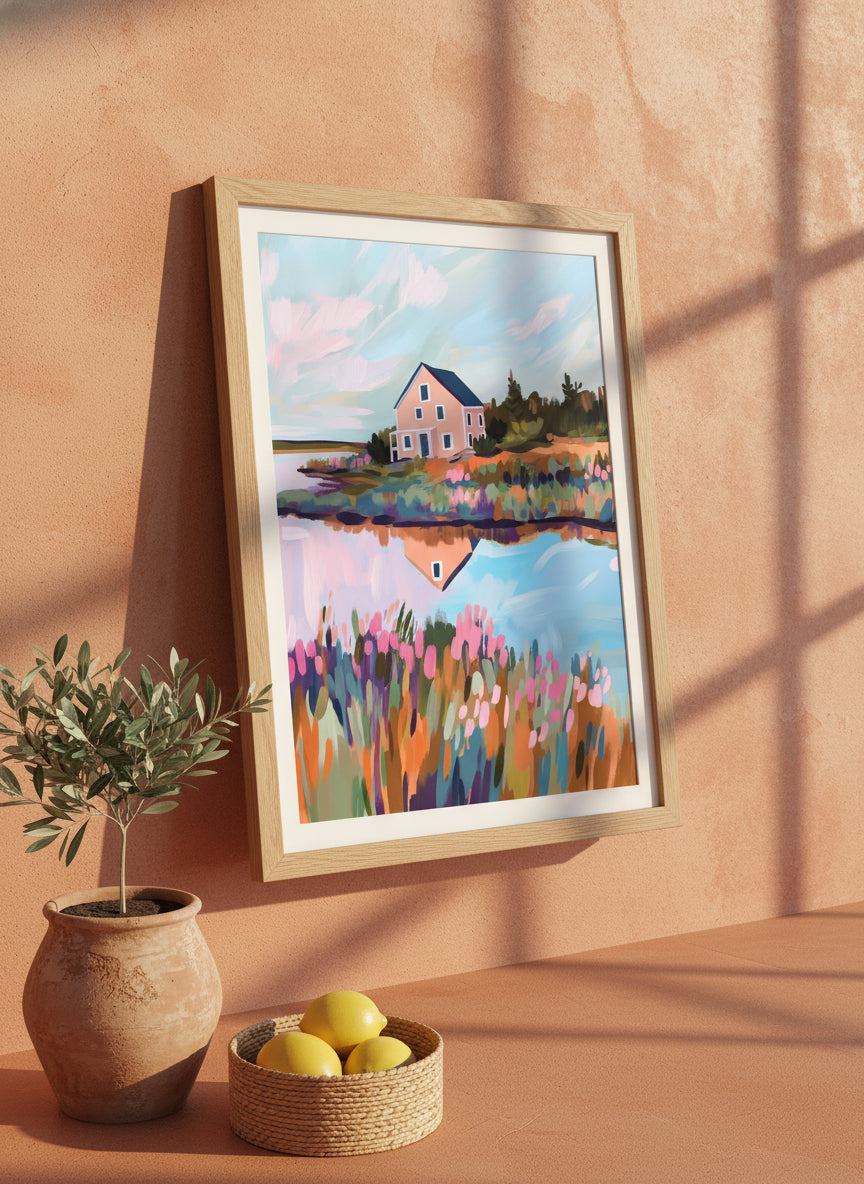 Colorful Lakeside Cottage Painting art print shown in a terracotta rustic setting