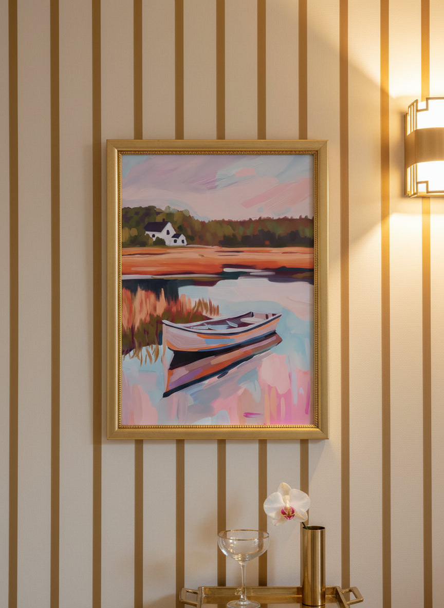 Autumn Lake Boat Landscape Art art print shown in a art deco geometric setting