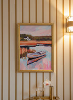 Autumn Lake Boat Landscape Art art print shown in a art deco geometric setting