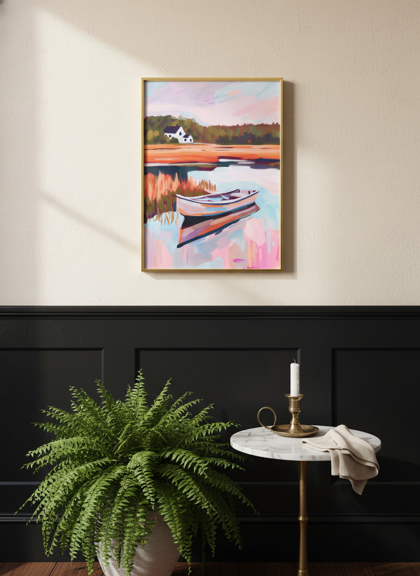Autumn Lake Boat Landscape Art art print shown in a black wainscoting gold setting