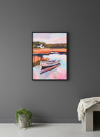 Autumn Lake Boat Landscape Art art print shown in a charcoal minimal black setting