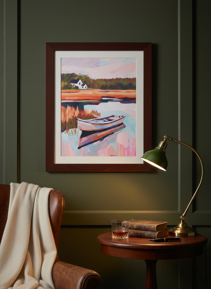 Autumn Lake Boat Landscape Art art print shown in a dark olive study setting
