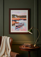 Autumn Lake Boat Landscape Art art print shown in a dark olive study setting