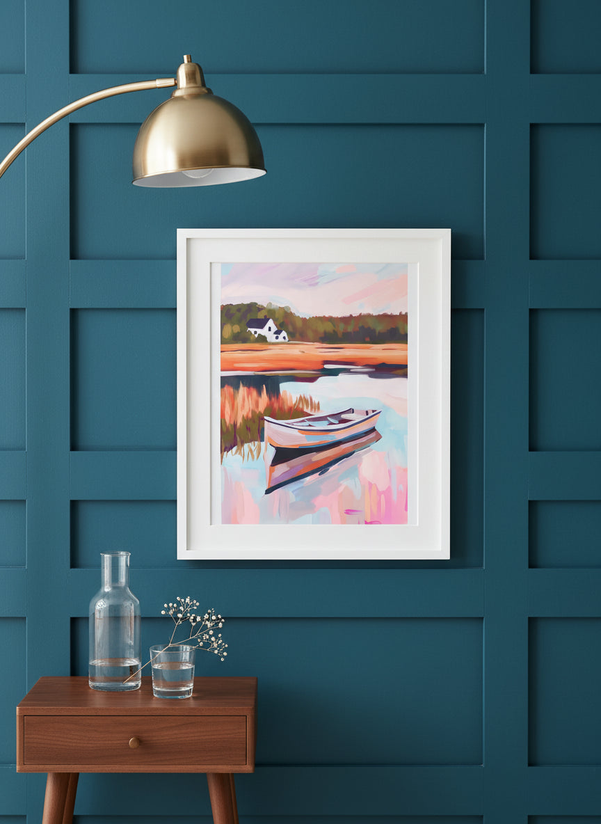 Autumn Lake Boat Landscape Art art print shown in a deep teal modern setting