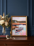 Autumn Lake Boat Landscape Art art print shown in a dresser dried florals setting