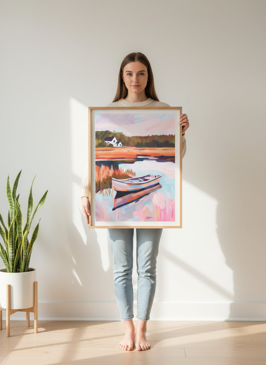 Autumn Lake Boat Landscape Art art print shown in a person holding bright setting